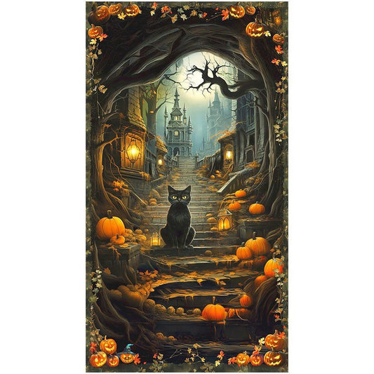 Moon Spell - Haunted House and Black Cat Spooky Panel By Robert Kaufman 24" x 44"