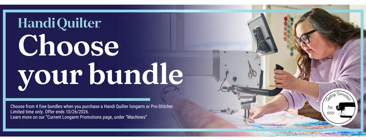 Promotional banner for Handi Quilter featuring the text 'Choose your bundle' over a sewing scene with a woman operating a sewing machine. The left side has a dark blue panel with white text, and the right side shows the woman in a bright sewing room.