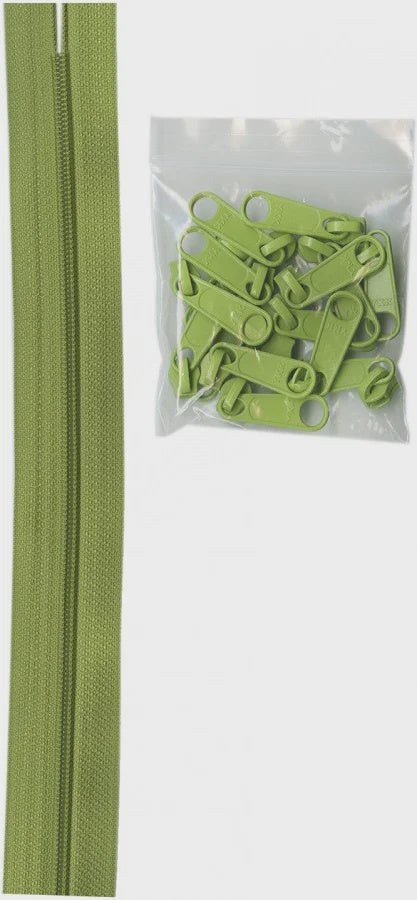 4 yards of 16mm #4.5 zipper chain and 16 Extra-Large Coordinated Pulls Olive
